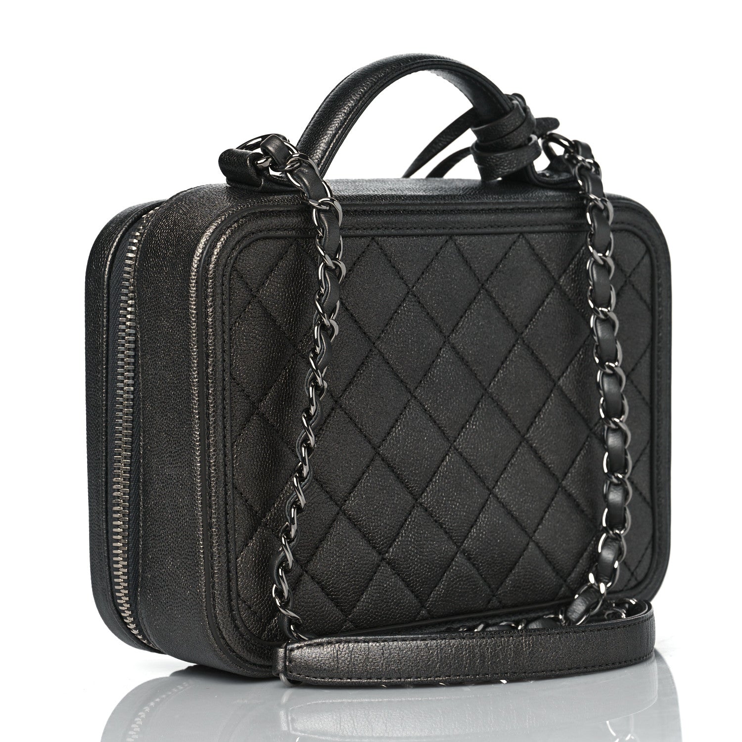 Chanel Metallic Caviar Quilted Medium CC Filigree Vanity Case Dark Silver 3 of 9