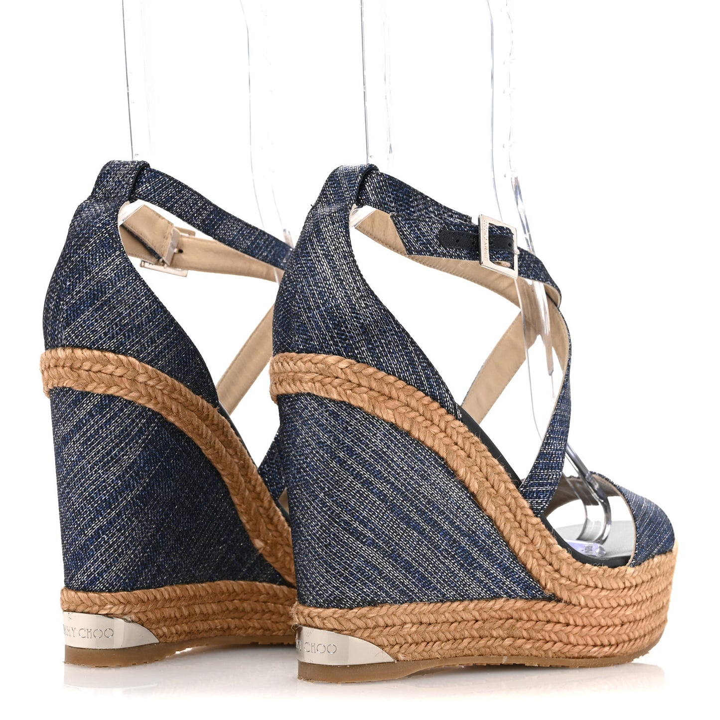 Metallic Denim Cork Portia 120 Wedge Sandals 40 Navy