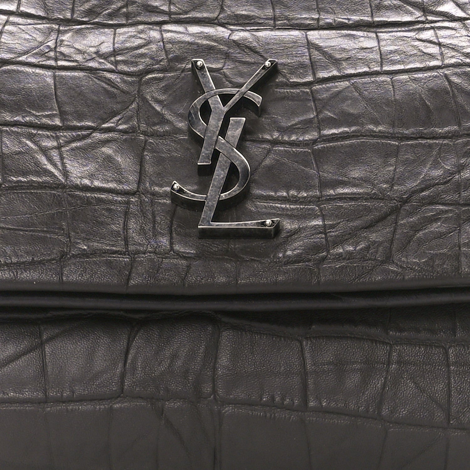 Saint Laurent Calfskin Crocodile Embossed Medium West Hollywood Monogram Fold-Over Grey 10 of 12