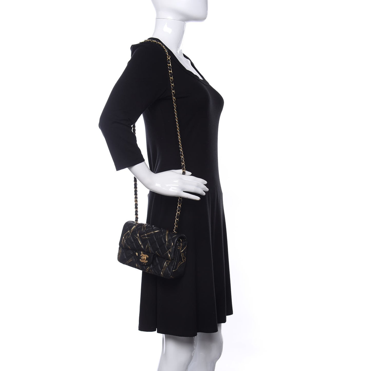 Crumpled Calfskin Printed Quilted Mini Rectangular Flap Black Gold