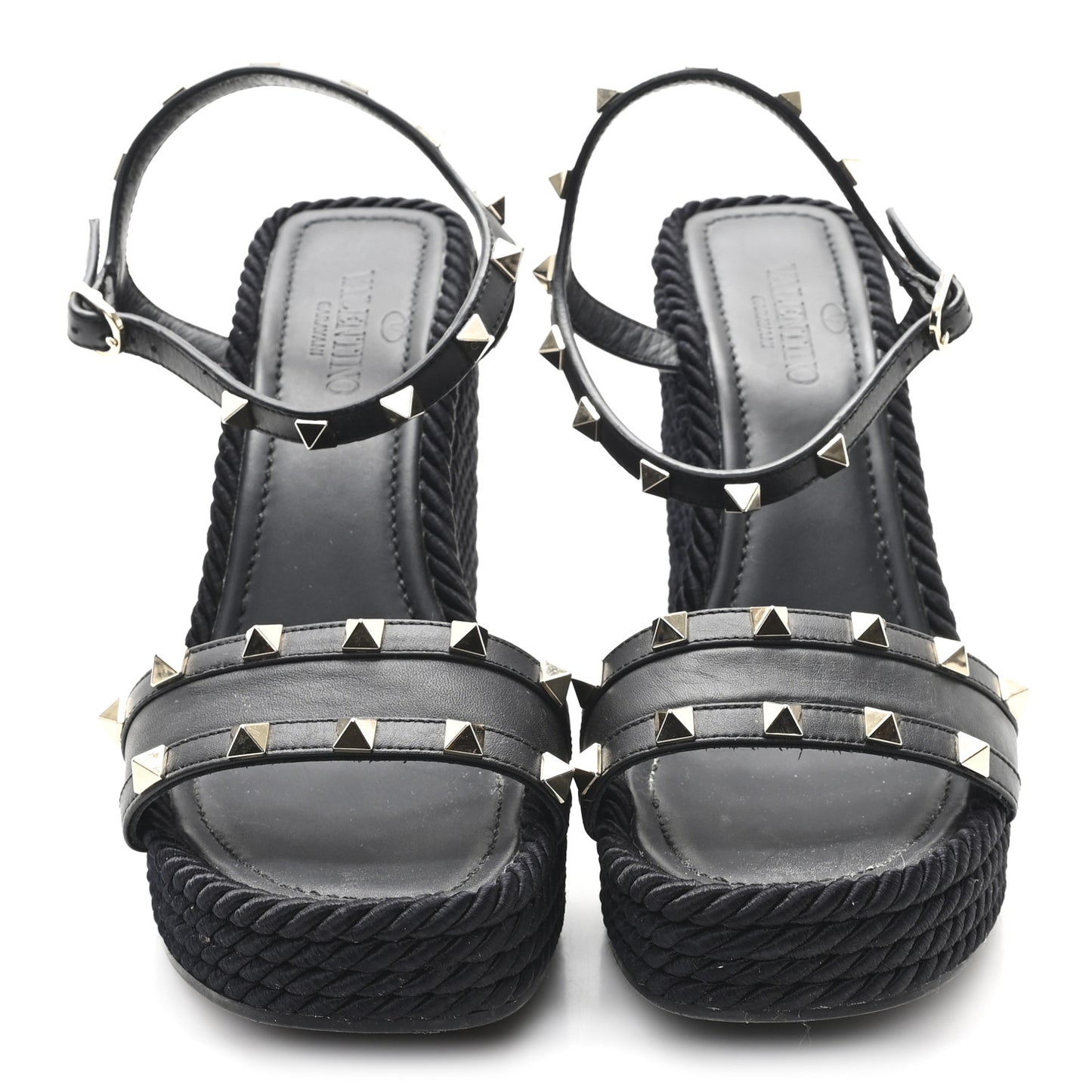 Calfskin Rockstud Ankle Strap Torchon Espadrille Caged 25/95mm Wedge Sandals 39 Black