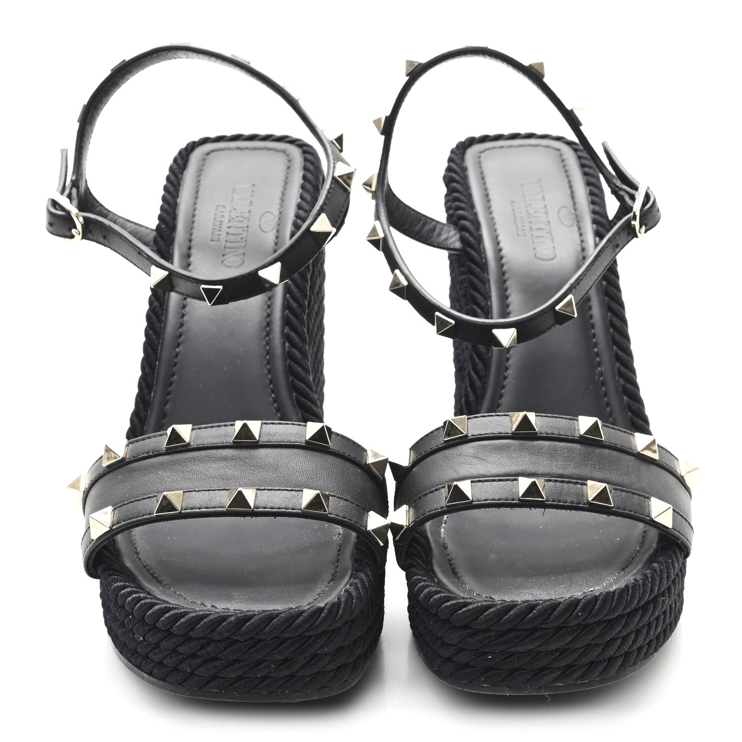 Valentino Garavani Calfskin Rockstud Ankle Strap Torchon Espadrille Caged 25/95mm Wedge Sandals 39 Black 3 of 9