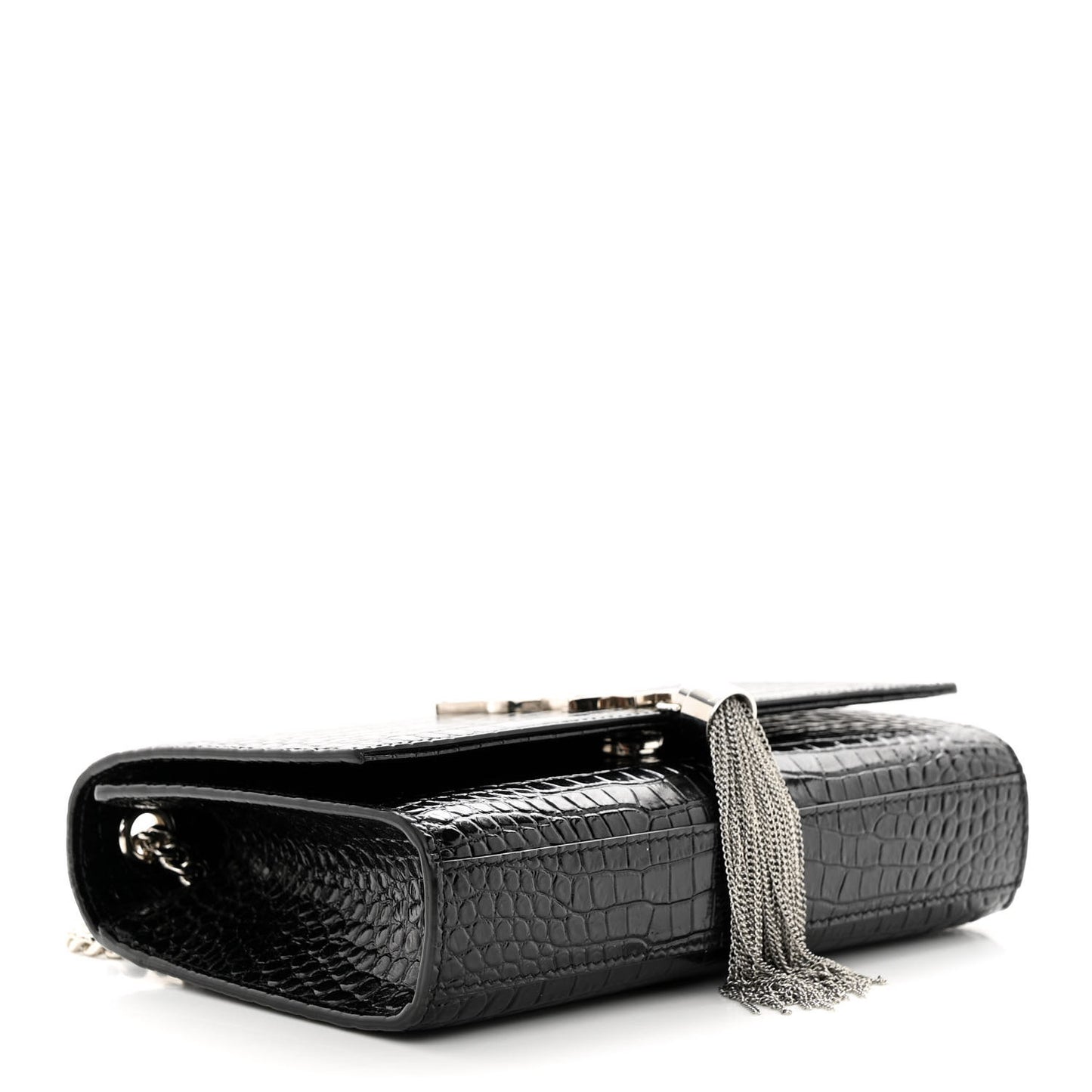 Calfskin Crocodile Embossed Small Classic Monogram Kate Tassel Satchel Black
