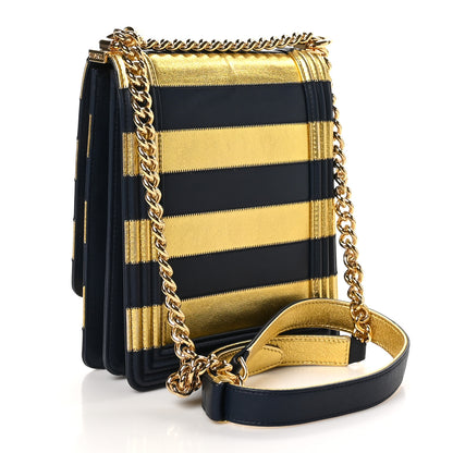 Chanel Metallic Lambskin Striped North South Boy Flap Navy Gold 3 of 11