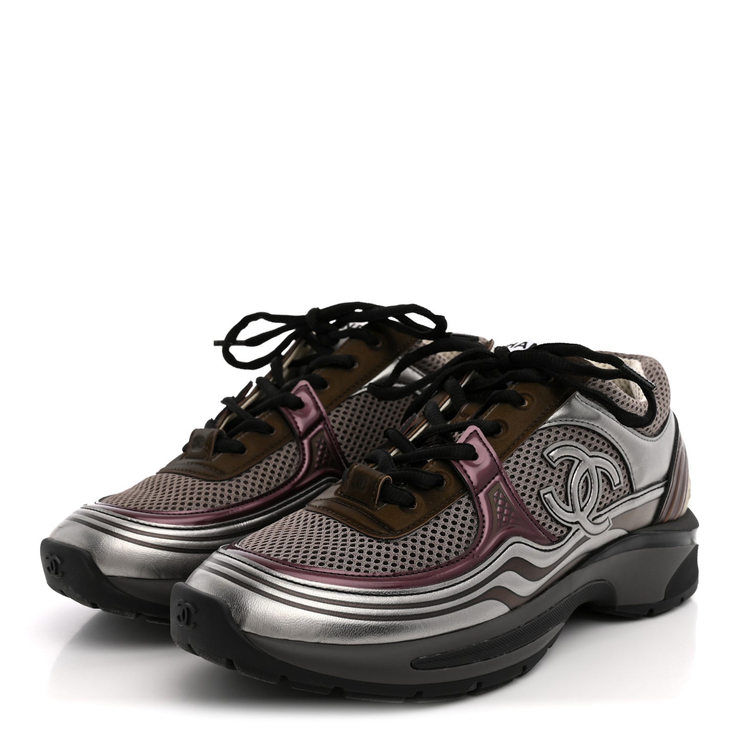 Fabric Laminated Calfskin Stretch CC Womens Sneakers 37.5 Khaki Silver Dark Purple