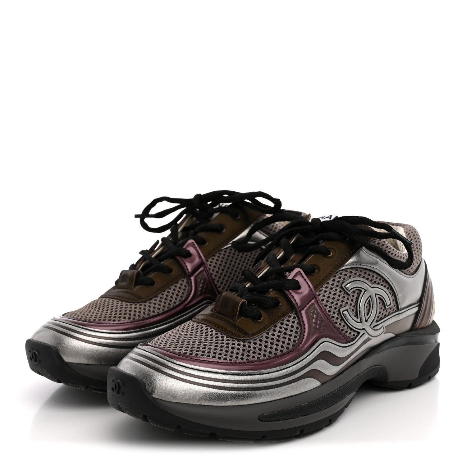 Chanel Fabric Laminated Calfskin Stretch CC Womens Sneakers 37.5 Khaki Silver Dark Purple 4 of 11