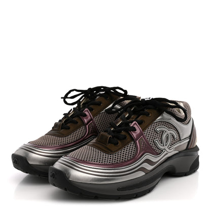 Chanel Fabric Laminated Calfskin Stretch CC Womens Sneakers 37.5 Khaki Silver Dark Purple 4 of 11