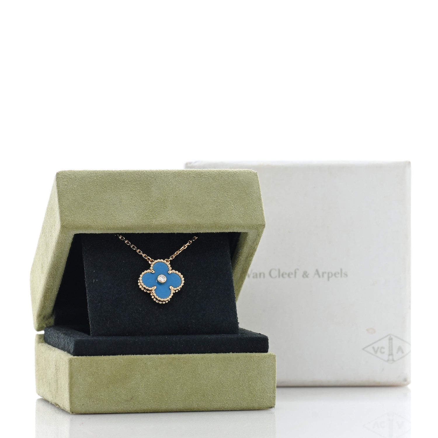 Van Cleef & Arpels 18K Yellow Gold Diamond Celestial Blue Sevres Porcelain Vintage Alhambra Pendant Necklace 5 of 5