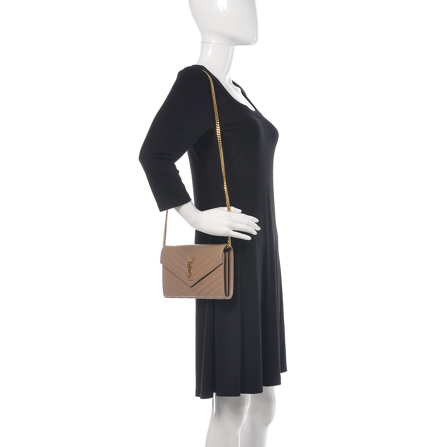 Saint Laurent Grain De Poudre Matelasse Chevron Monogram Chain Wallet Light Taupe 2 of 9