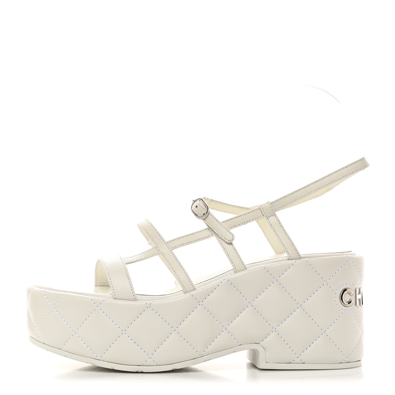 Chanel Calfskin Quilted Wedge Logo Sandals 37 White 1 of 8