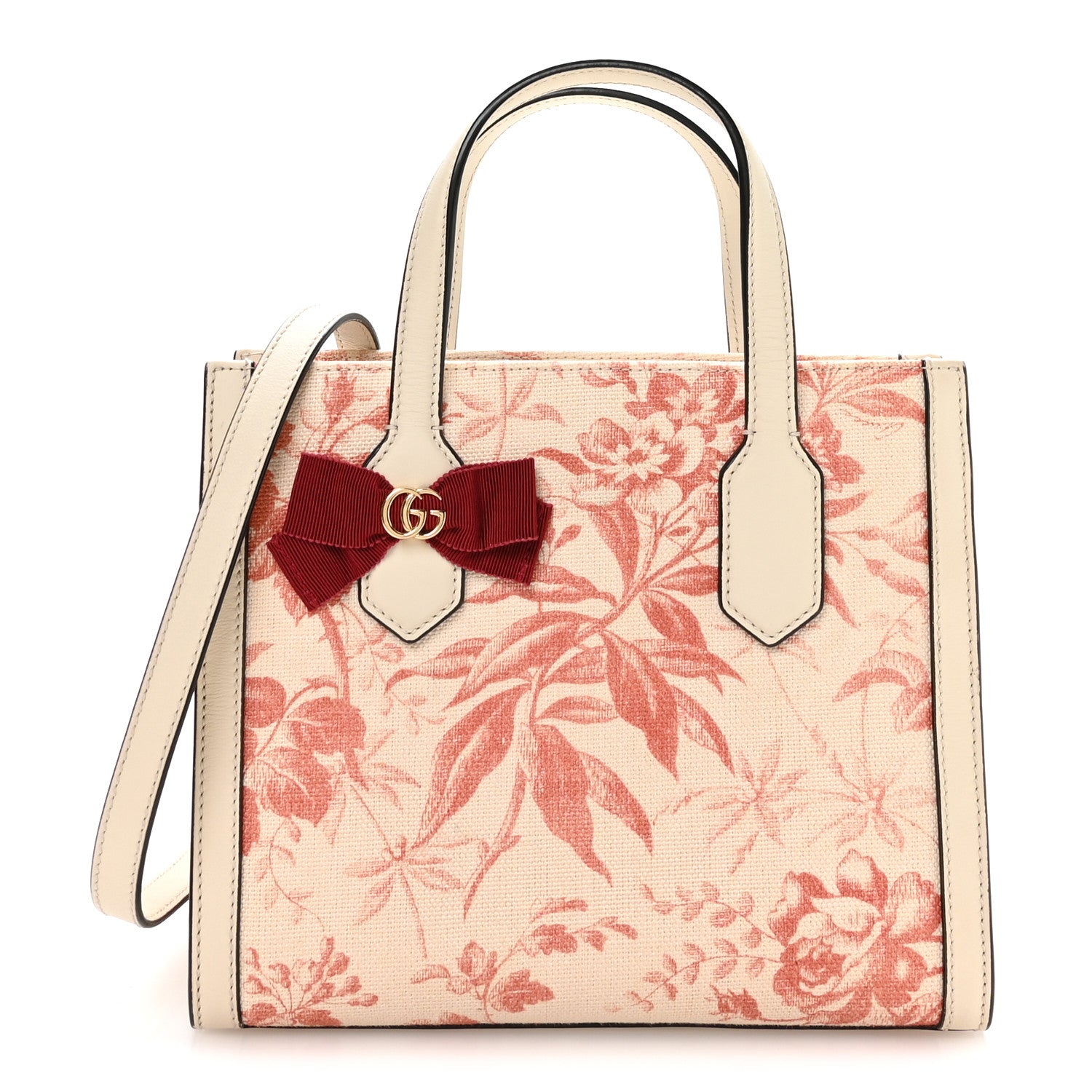 Gucci Canvas Herbarium Print Ribbon Top Handle Bag Pink White 1 of 10