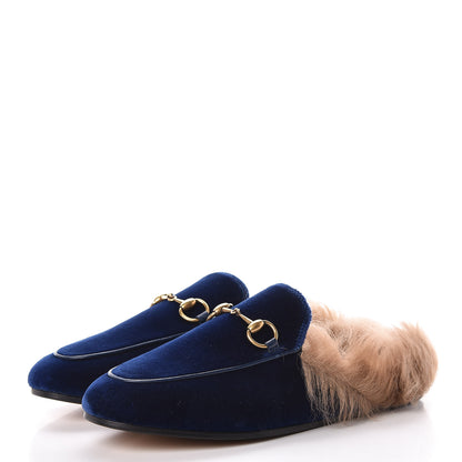 Gucci Velvet Fur Womens Princetown Slippers 35 Cobalt Blue 3 of 7