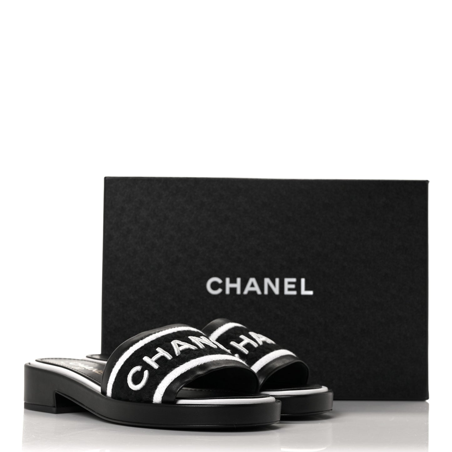 Lambskin Embroidered CC Mule Sandal 38 Black White