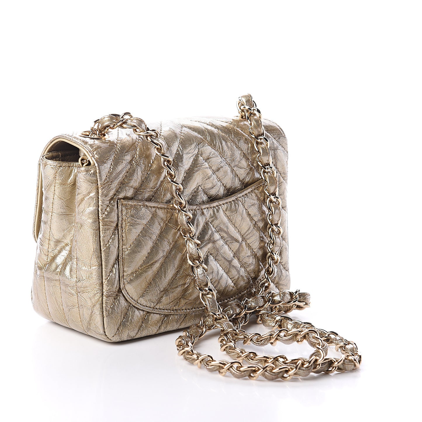 Patent Metallic Crumpled Calfskin Chevron Quilted Mini Square Flap Gold