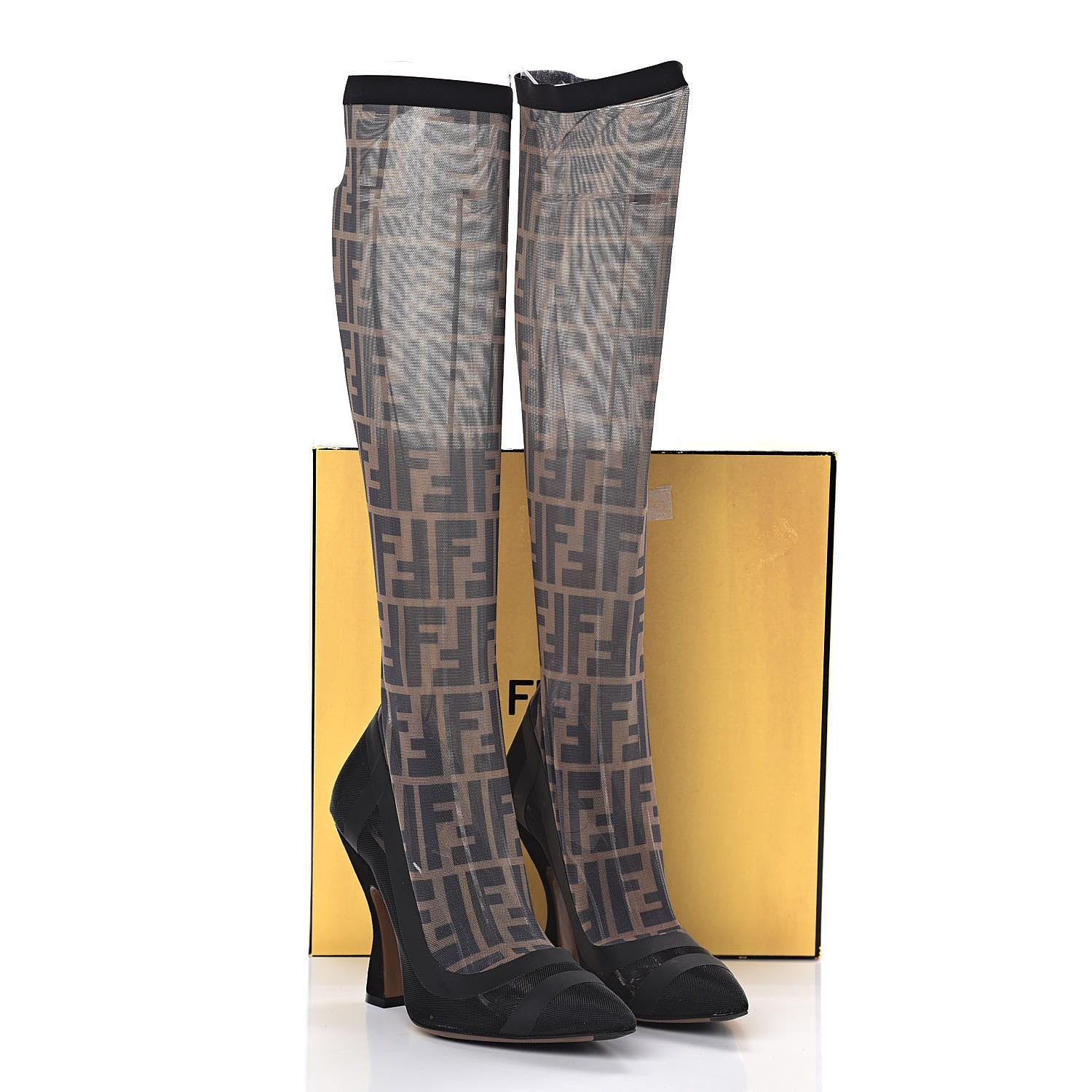 Fendi Technical Mesh FF Colibri High Heel Knee High Boots 37 Black Tobacco 12 of 12