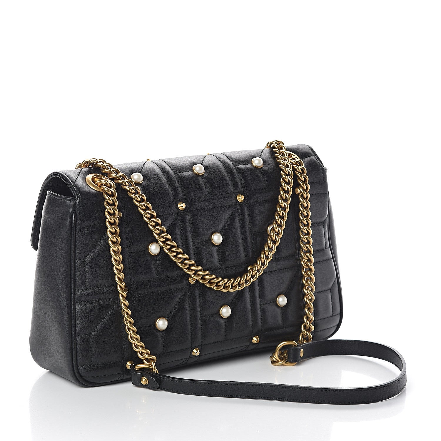Gucci Calfskin Matelasse Studded Small Pearly GG Marmont Shoulder Bag Black 2 of 8