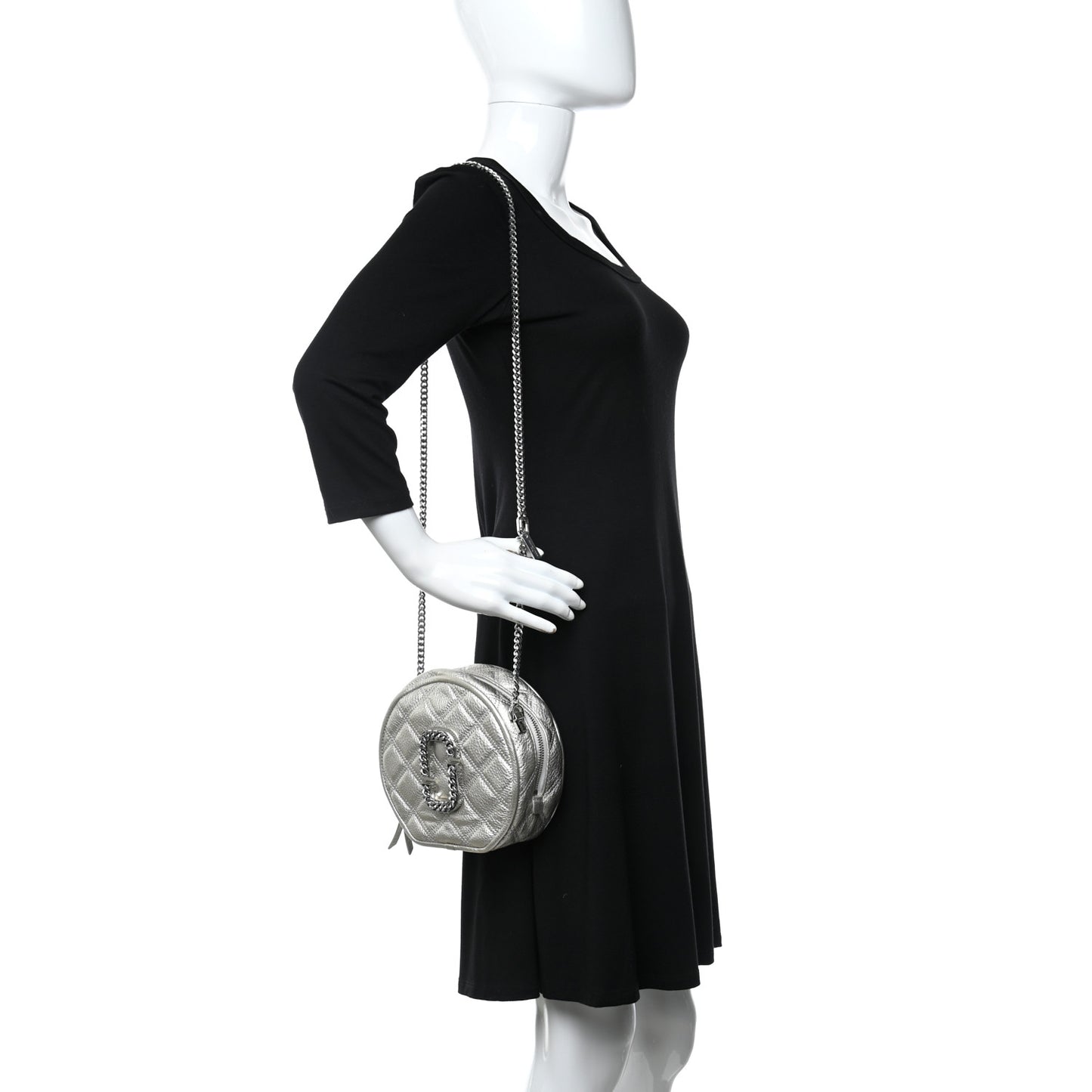 Metallic Grained Calfskin Quilted The Status Round Crossbody Platinum