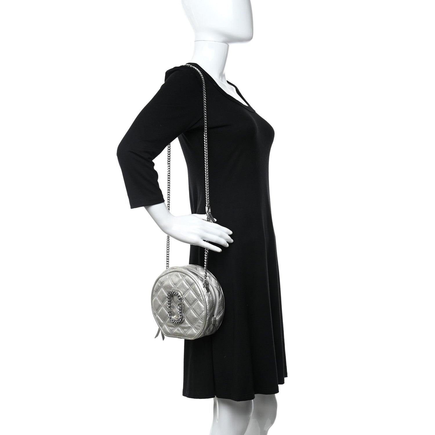 Marc Jacobs Metallic Grained Calfskin Quilted The Status Round Crossbody Platinum 2 of 11
