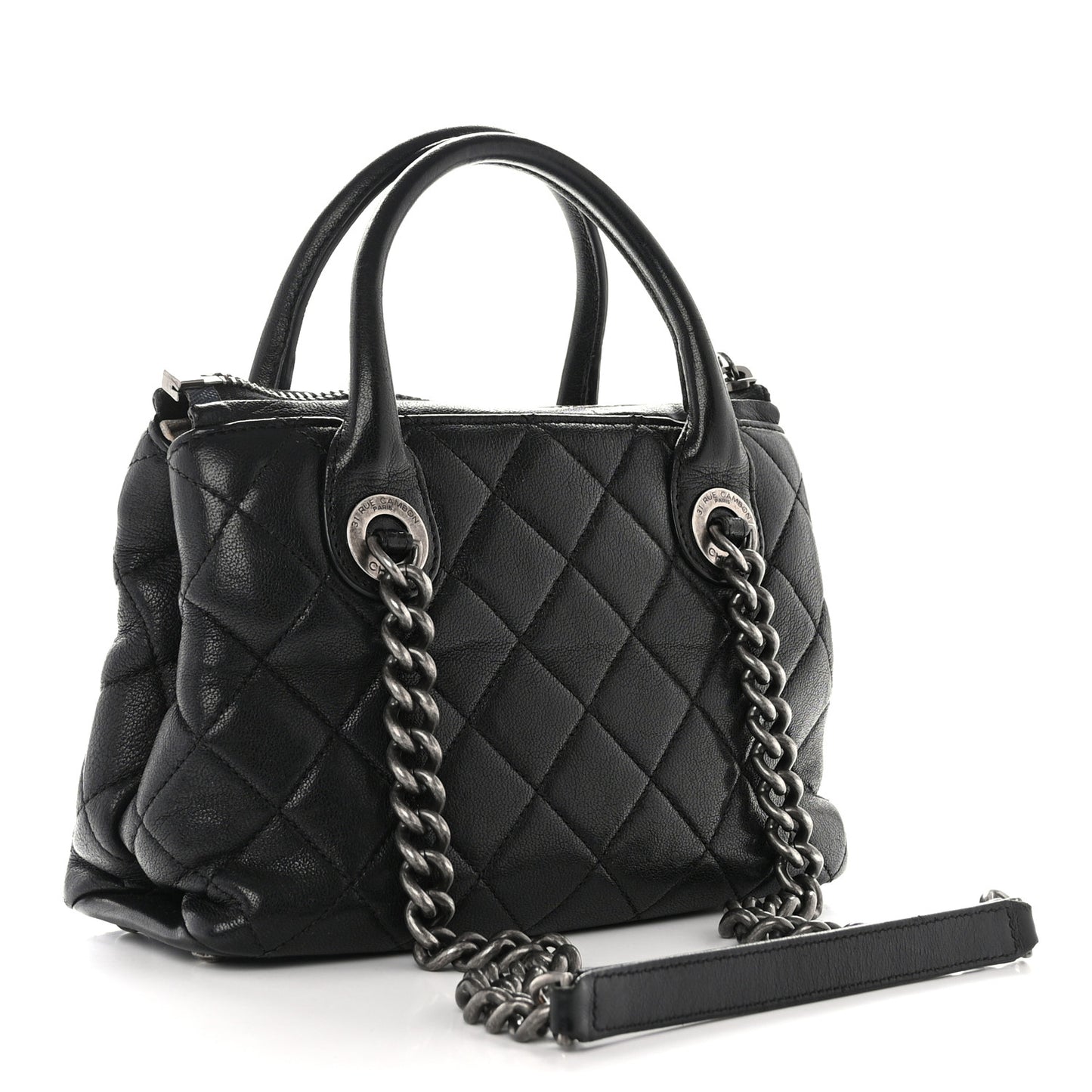 Shiny Sheepskin Quilted Small Shopping Tote Black