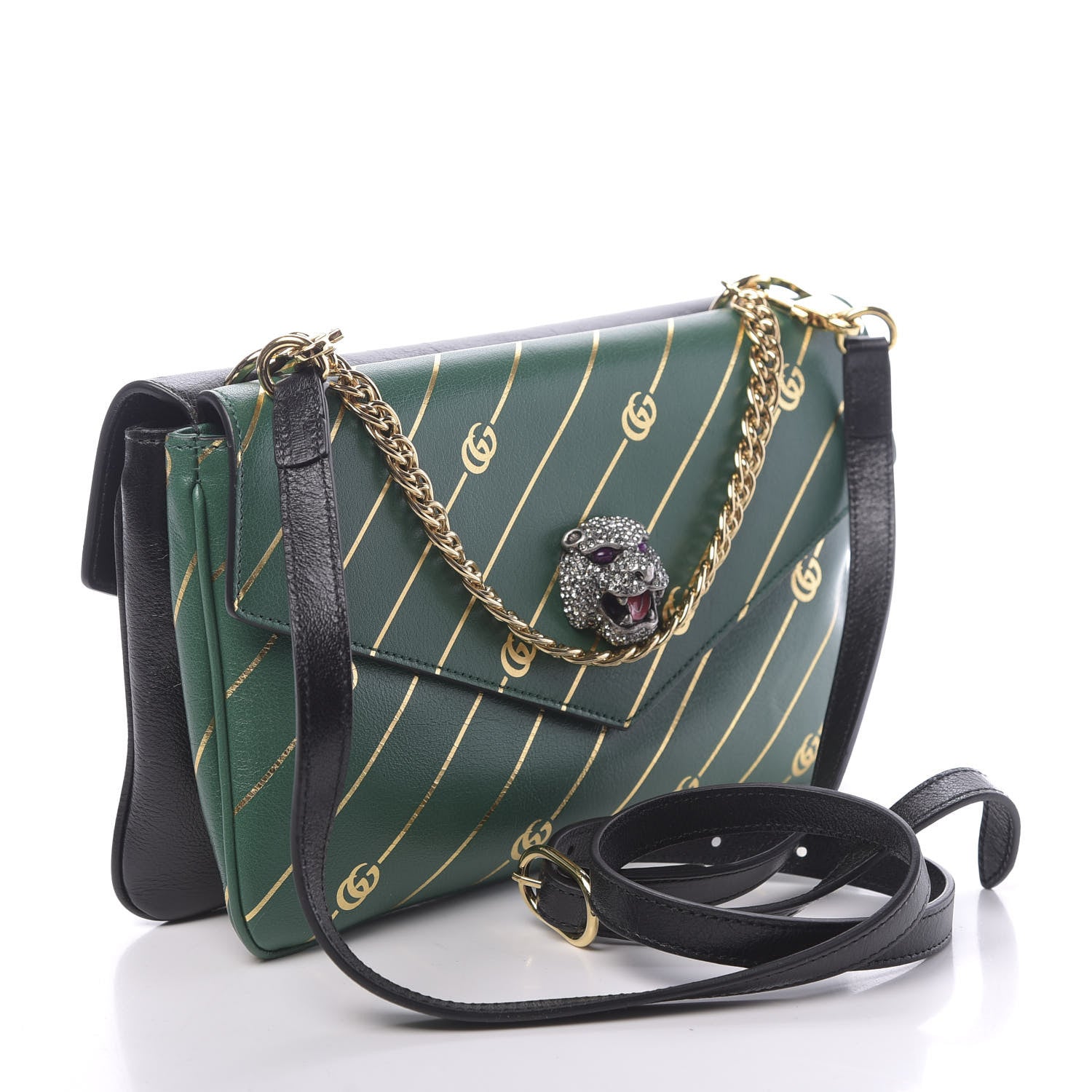 Gucci Calfskin Diagonal GG Medium Thiara Double Envelope Shoulder Bag Emerald Green Black 3 of 14