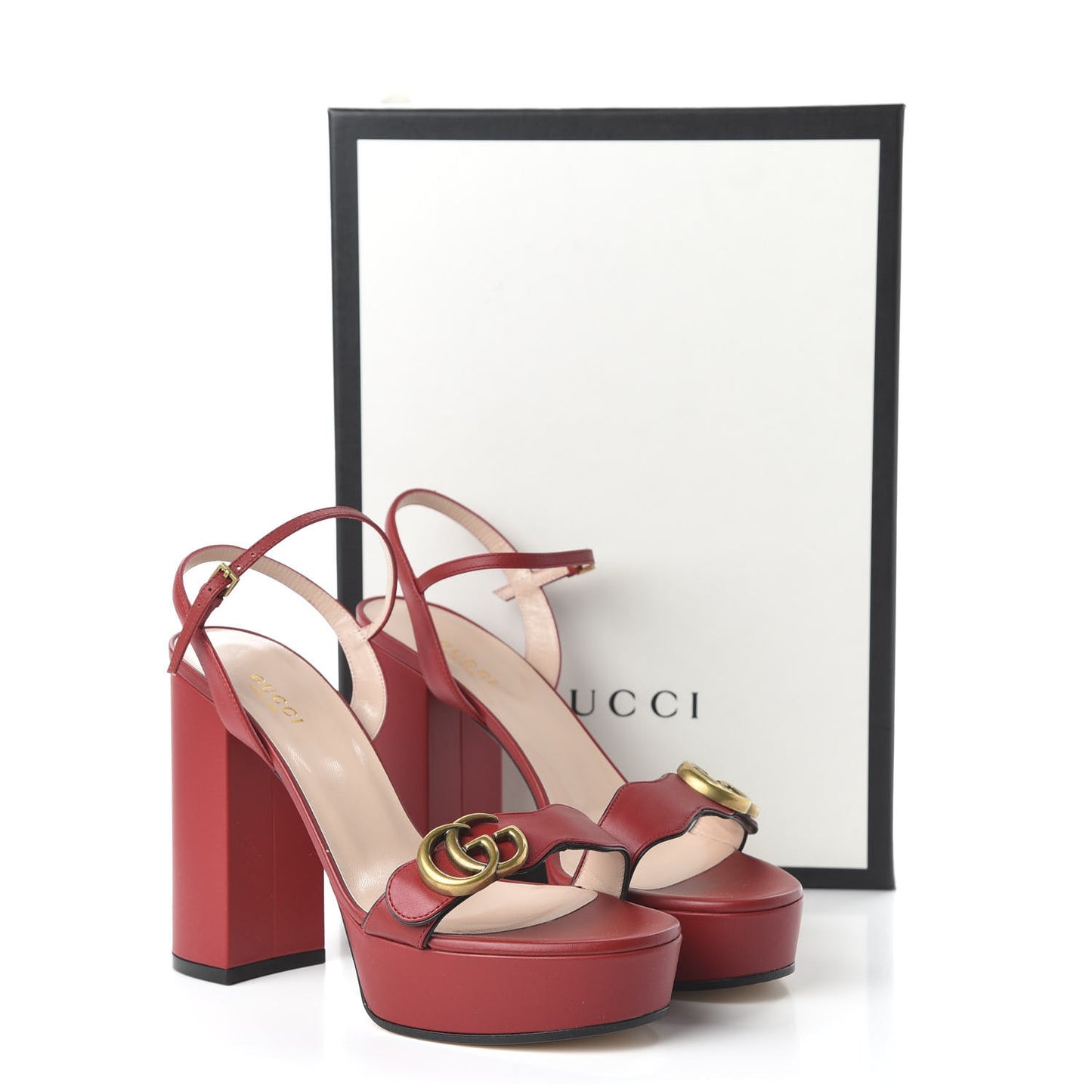 Calfskin GG Marmont Ankle Wrap 30/115mm Platform Sandals 38.5 Hibiscus Red