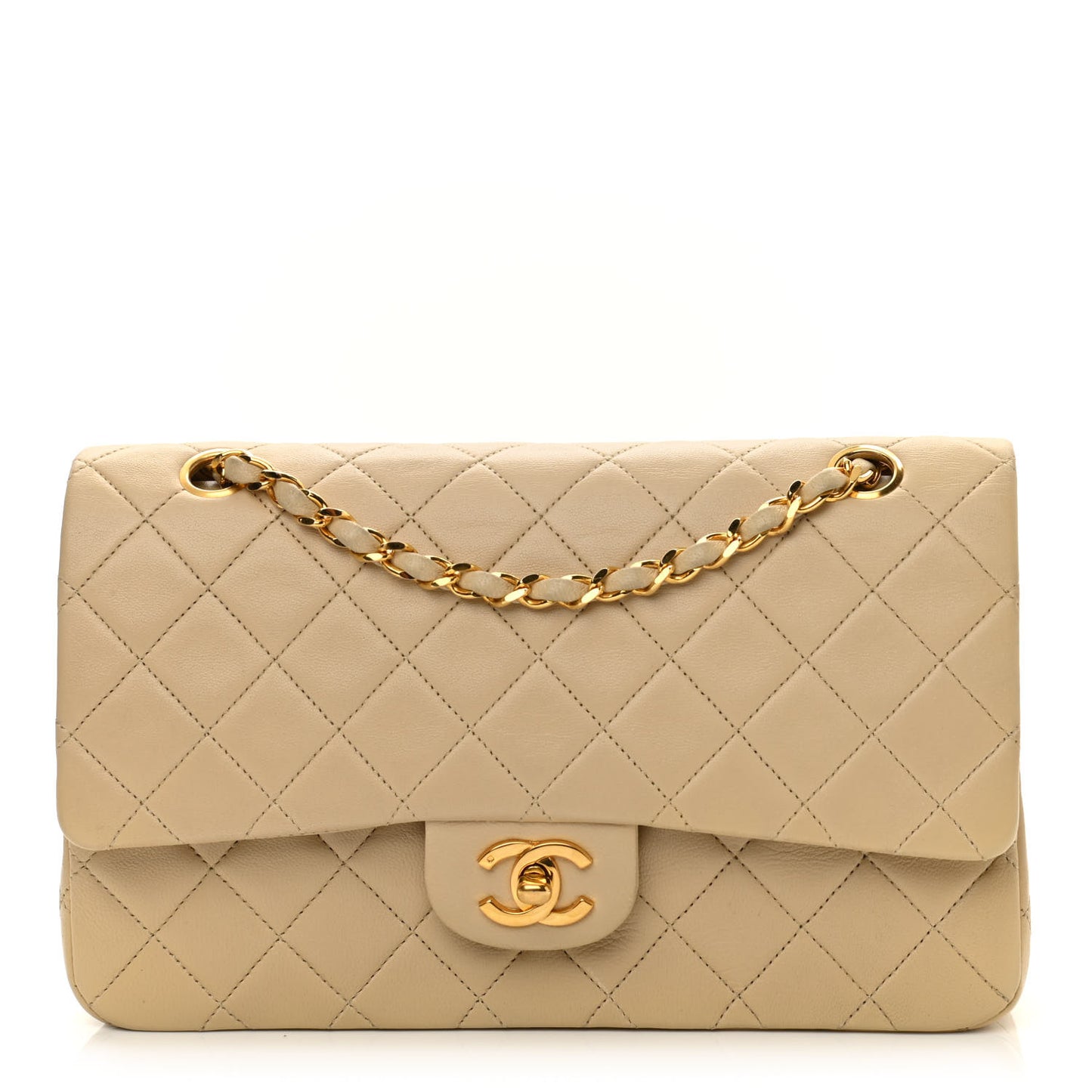 Lambskin Quilted Medium Double Flap Beige