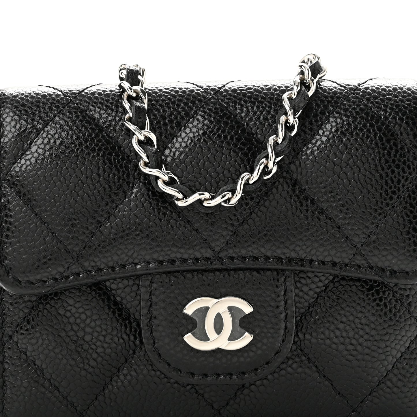 Caviar Quilted Flap Card Holder On Chain Black