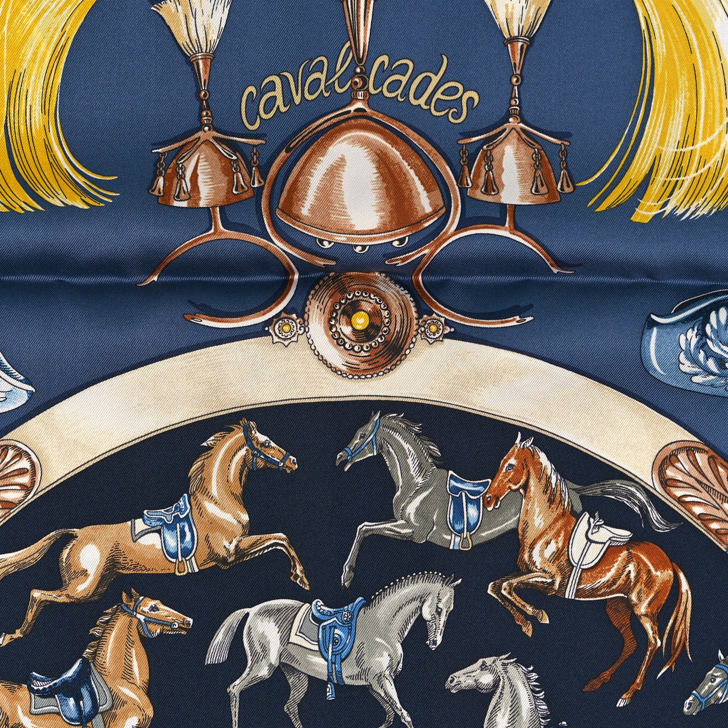 Silk Cavalcades Scarf 90 Ocre Bleu Ardoise Brun