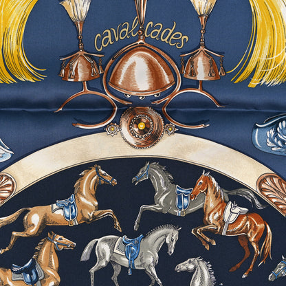 Hermes Silk Cavalcades Scarf 90 Ocre Bleu Ardoise Brun 4 of 4