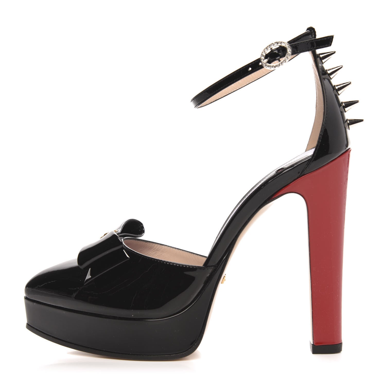 Gucci Patent Crystal GG Bow Sadie Spike Ankle Strap d'Orsay Platform High Heel Pumps 37.5 Black 1 of 8