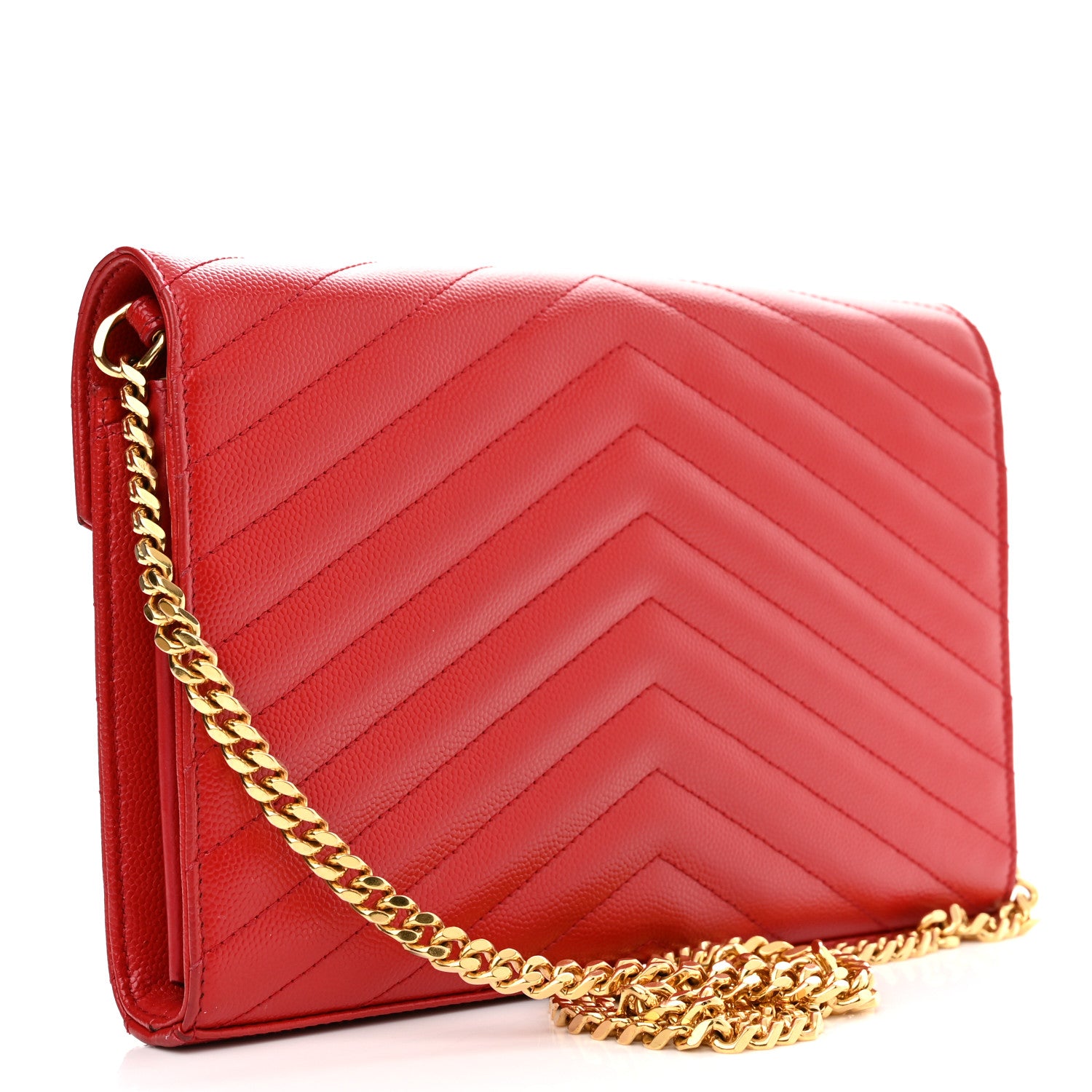 Saint Laurent Grain De Poudre Matelasse Chevron Monogram Chain Wallet New Red 3 of 11