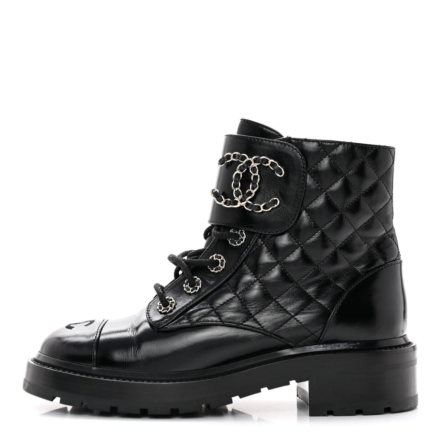 Shiny Calfskin Quilted Lace Up Combat Boots 38.5 Black