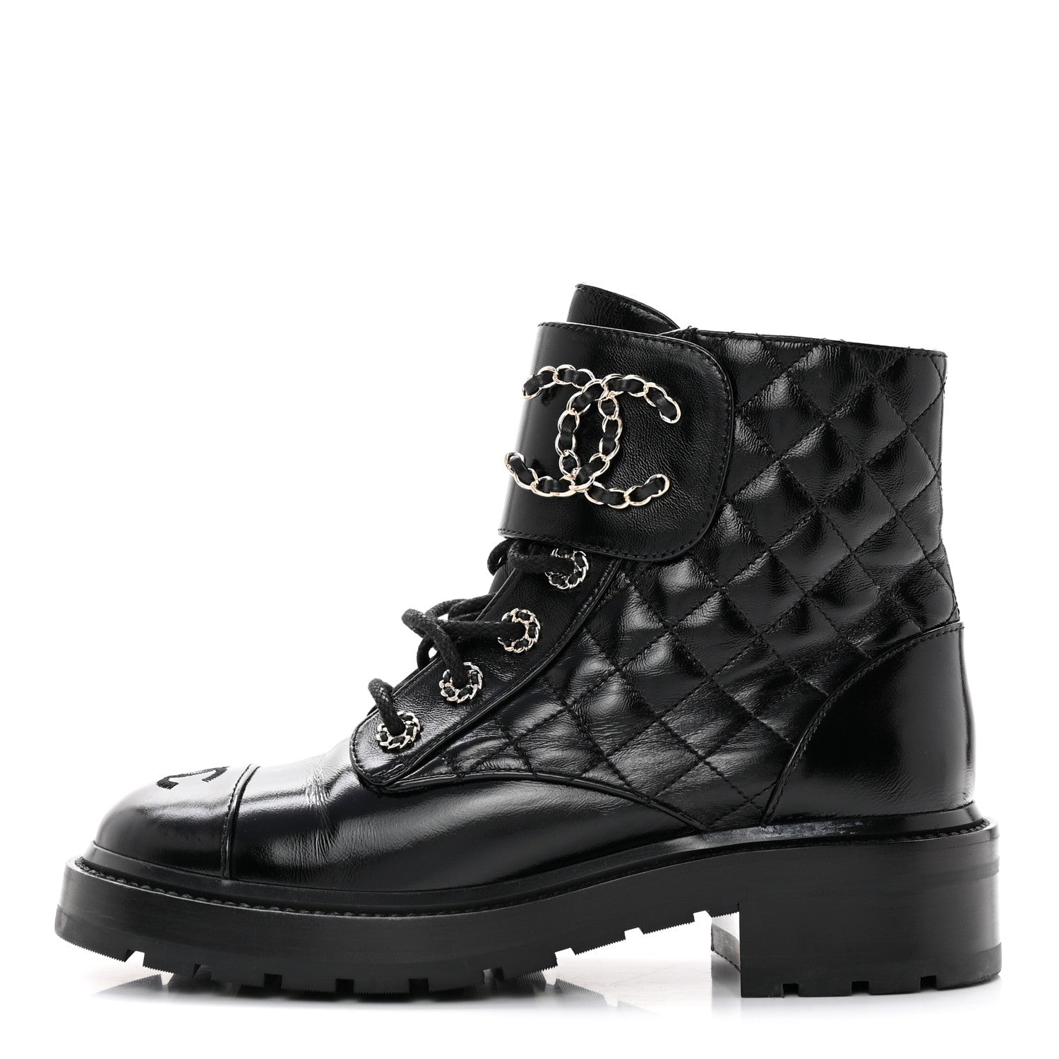 Chanel Shiny Calfskin Quilted Lace Up Combat Boots 38.5 Black 1 of 9
