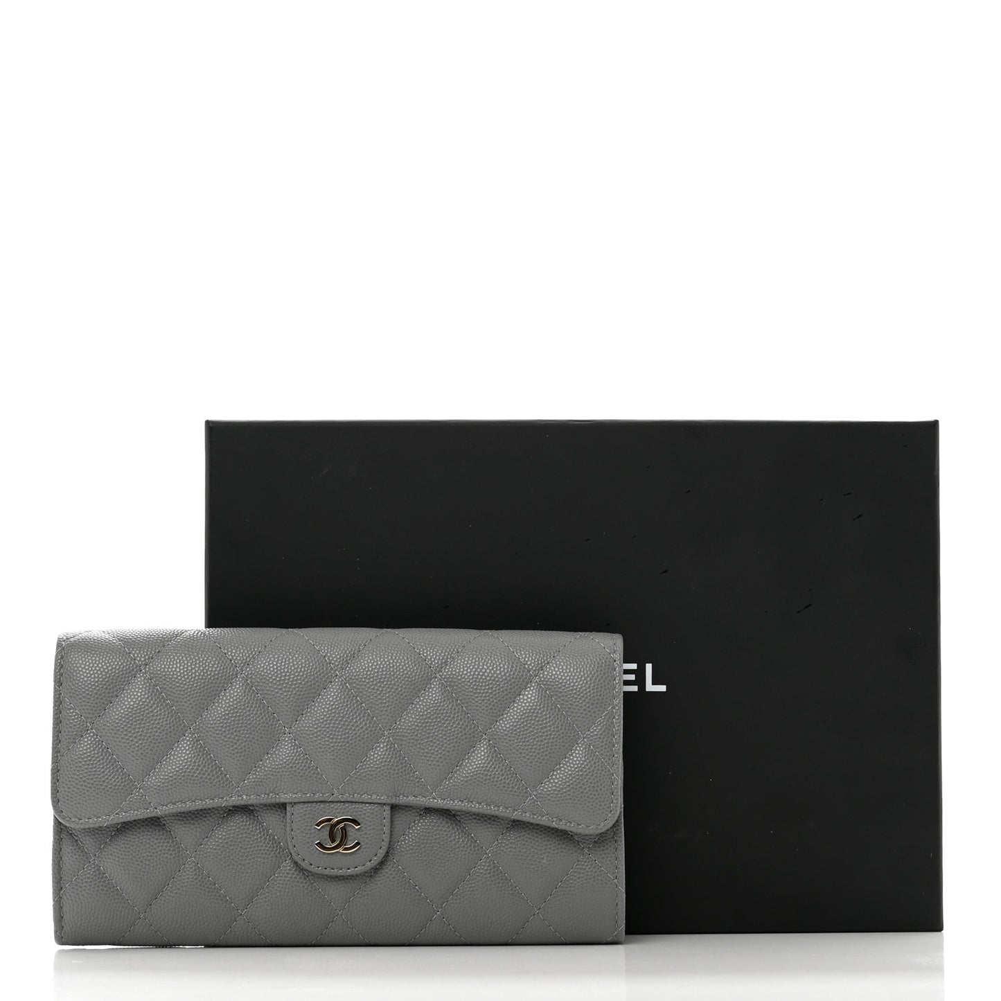 Caviar Quilted Large Gusset Flap Wallet Grey