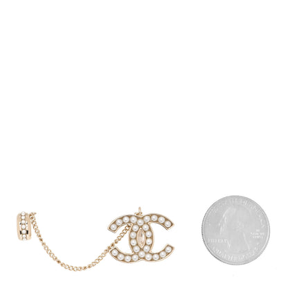 Chanel Crystal CC Chain Cuff Single Clip On Earring Gold Pearly White 2 of 5