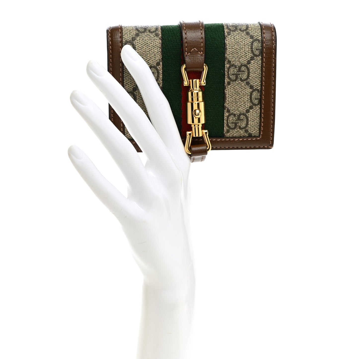 GG Supreme Monogram Textured Dollar Calfskin Web Jackie 1961 Card Case Beige Ebony Brown Sugar