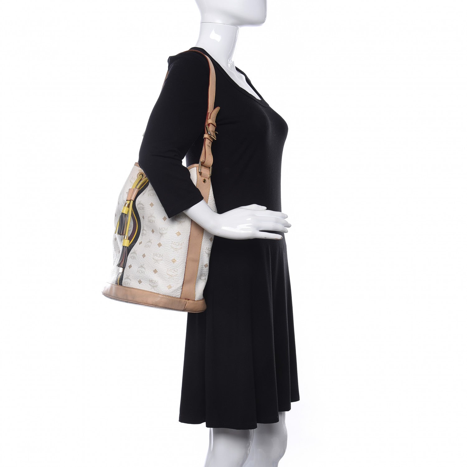 MCM Visetos Stripe Drawstring Bucket Bag White 2 of 10