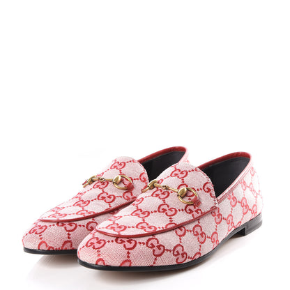 Gucci Canvas GG Monogram Horsebit Womens Jordaan Loafers 37.5 Gardenia Hibiscus Red 2 of 9
