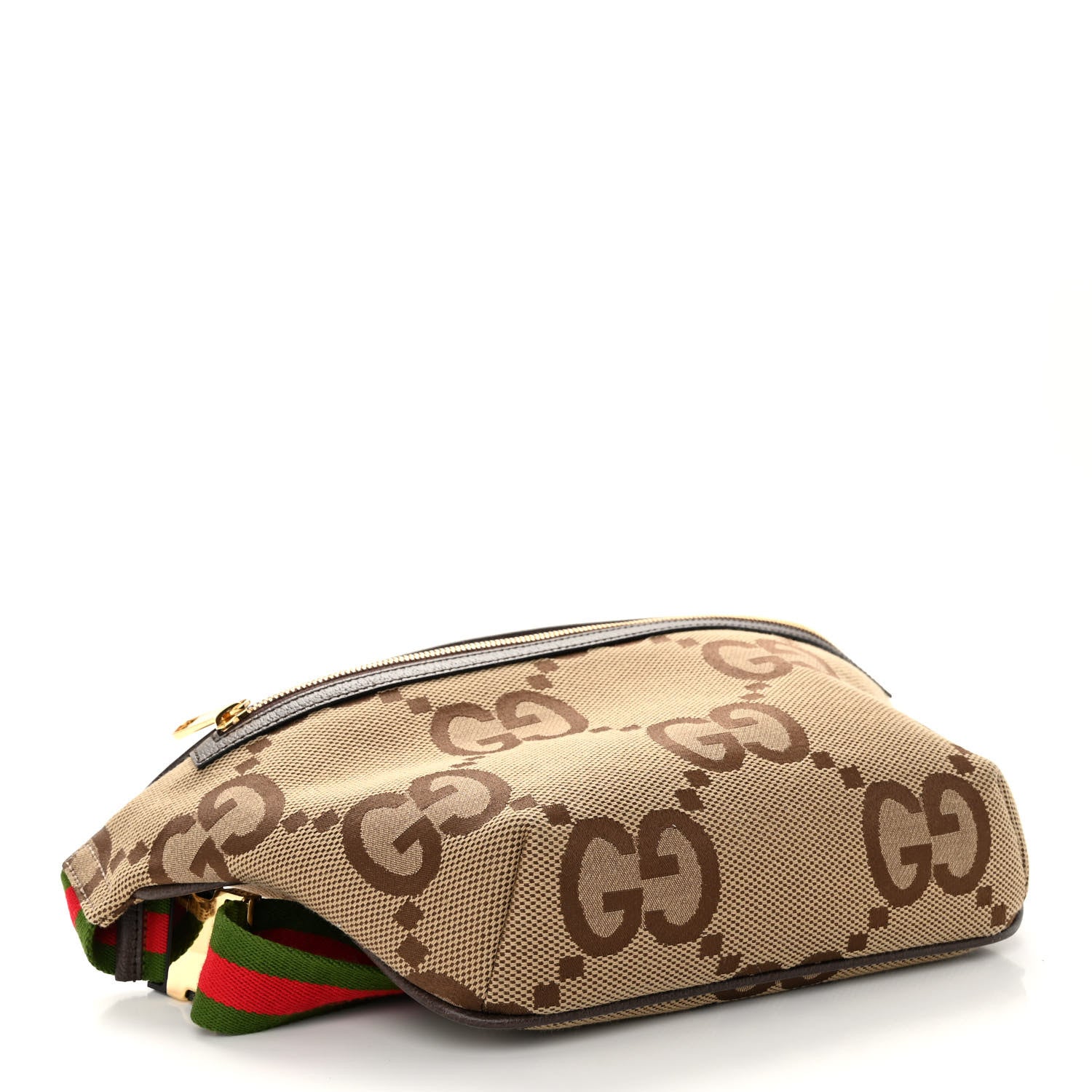 Gucci Monogram Jumbo GG Textured Dollar Calfskin Web Belt Bag Camel Ebony New Acero 4 of 9