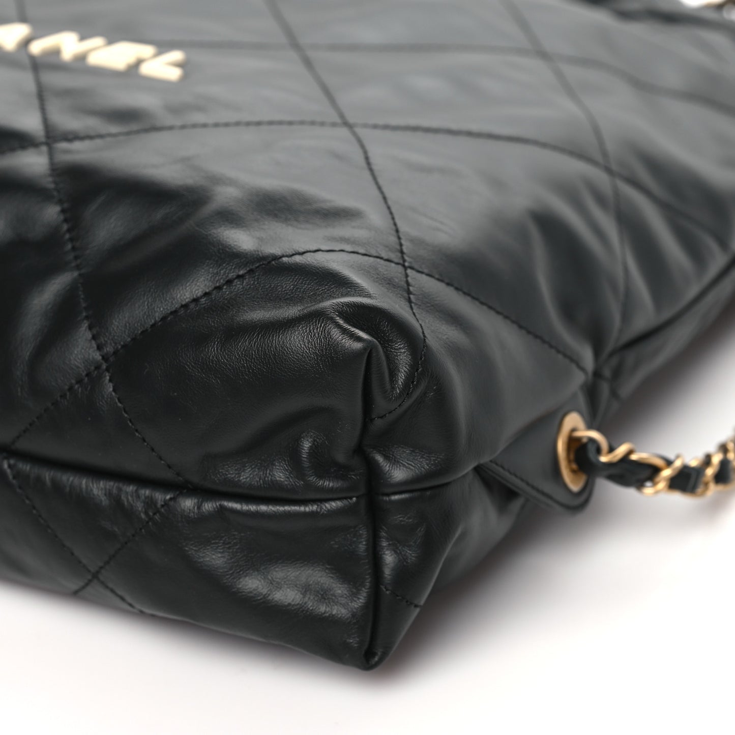 Shiny Calfskin Quilted Chanel 22 Backpack Black
