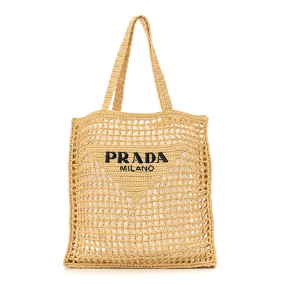 Prada Yarn Raffia Effect Crochet Logo Embroidered Tote Bag Naturale 1 of 9
