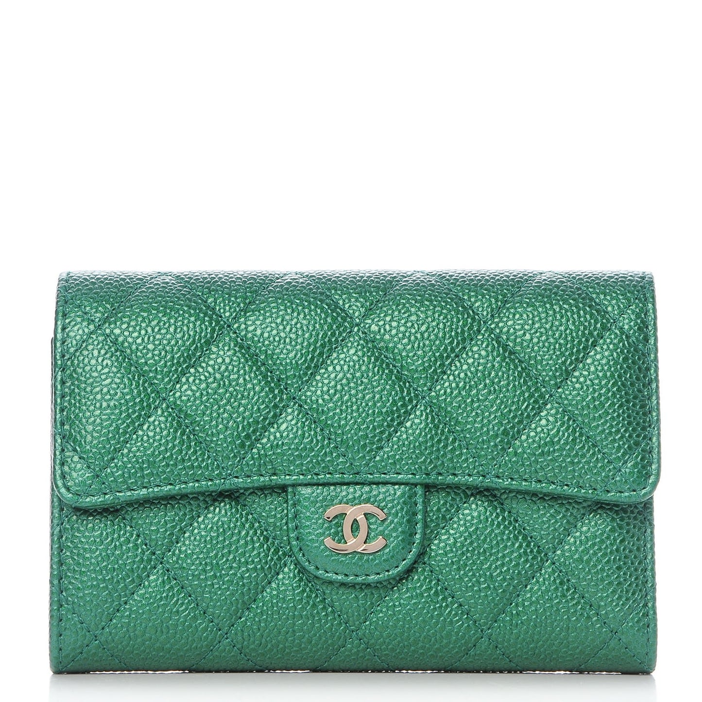 Metallic Caviar Quilted Medium Flap Wallet Green