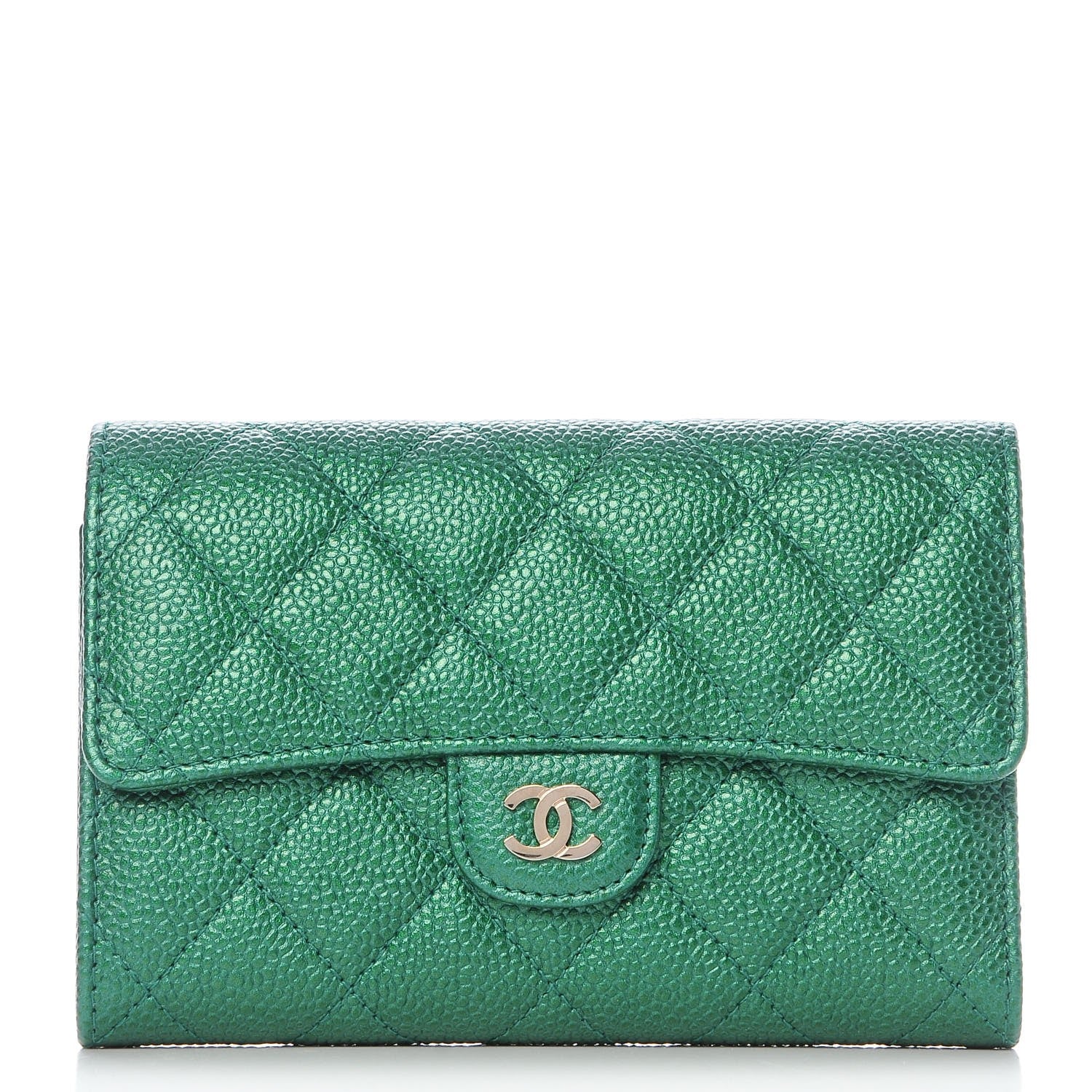 Chanel Metallic Caviar Quilted Medium Flap Wallet Green 1 of 8