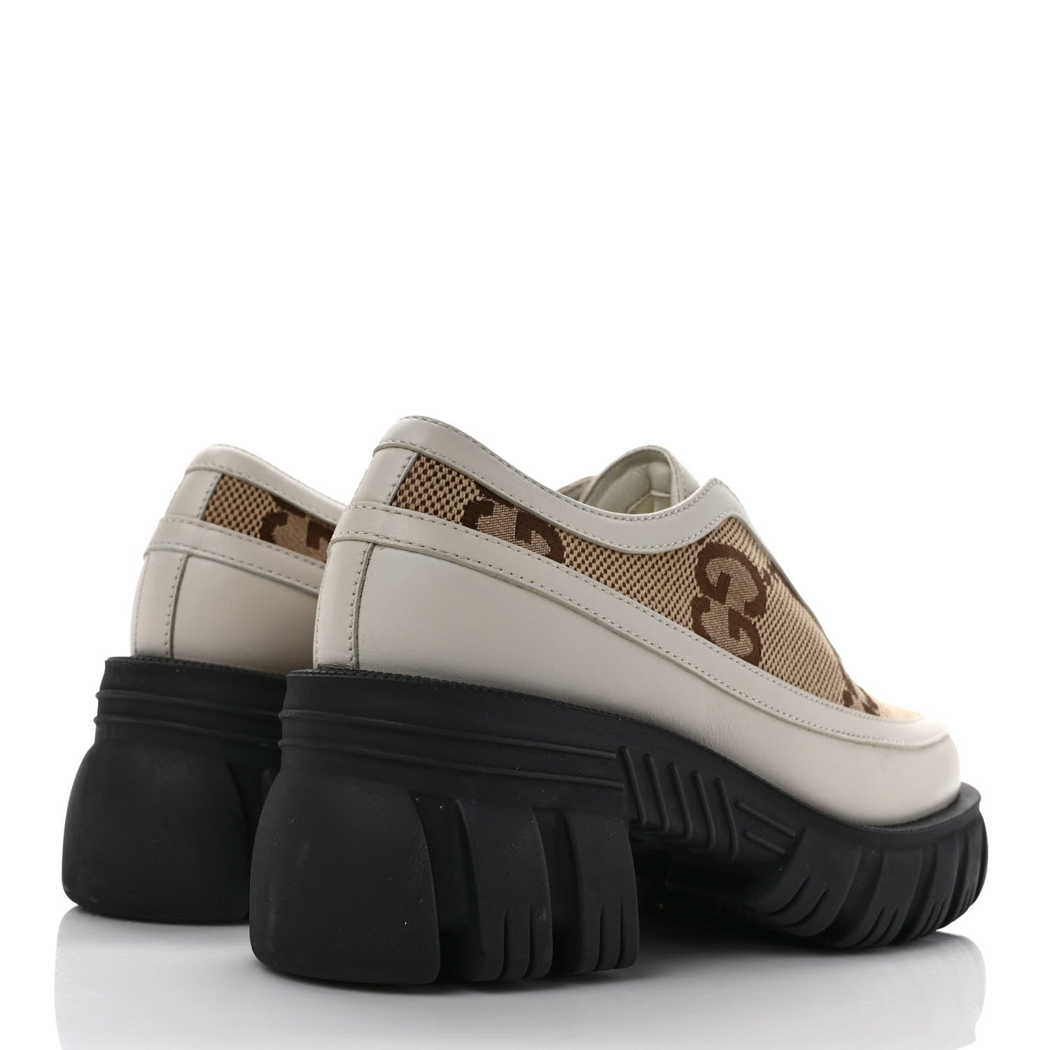 Gucci Quebec Calfskin Monogram Jumbo GG Lace Up Platform Loafers 35.5 Mystic White Camel Ebony 4 of 8