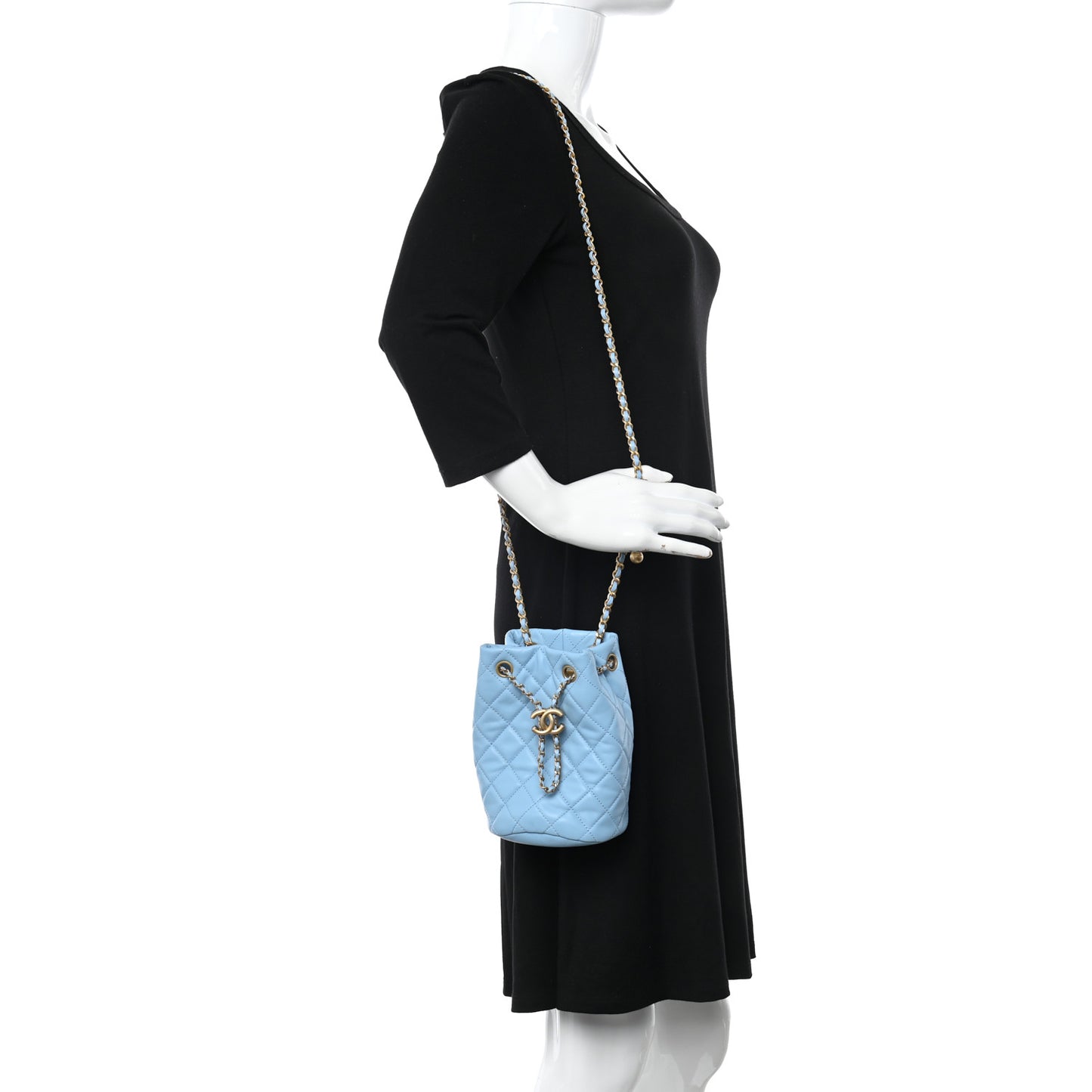 Lambskin Quilted Pearl Crush Drawstring Bag Light Blue