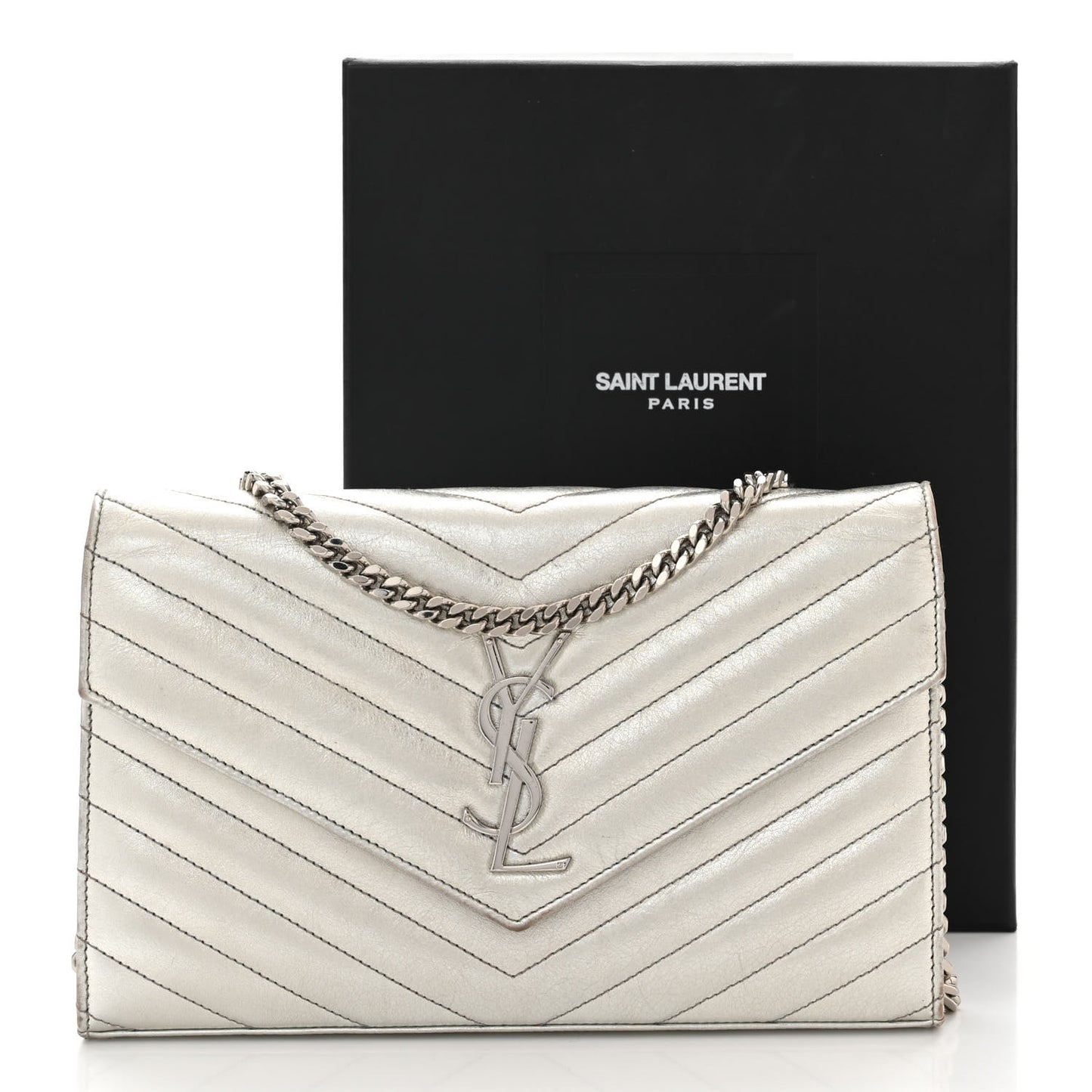 Metallic Lambskin Matelasse Chevron Monogram Chain Wallet Argento