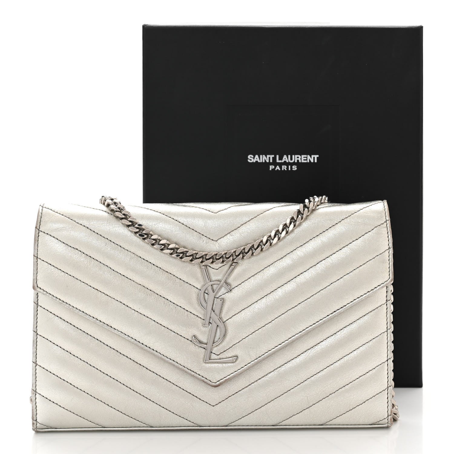 Saint Laurent Metallic Lambskin Matelasse Chevron Monogram Chain Wallet Argento 16 of 16