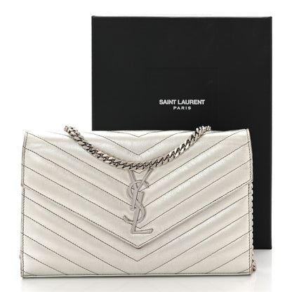 Saint Laurent Metallic Lambskin Matelasse Chevron Monogram Chain Wallet Argento 16 of 16