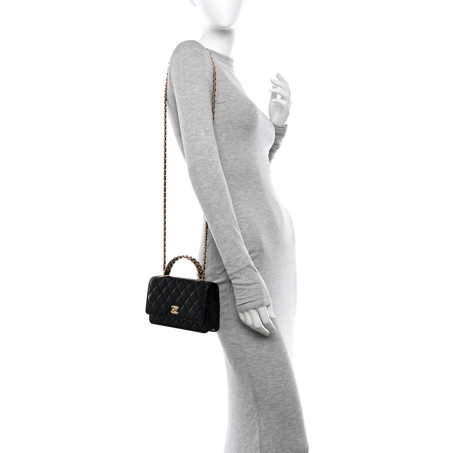 Shiny Calfskin Quilted Metal Top Handle Wallet On Chain WOC Black
