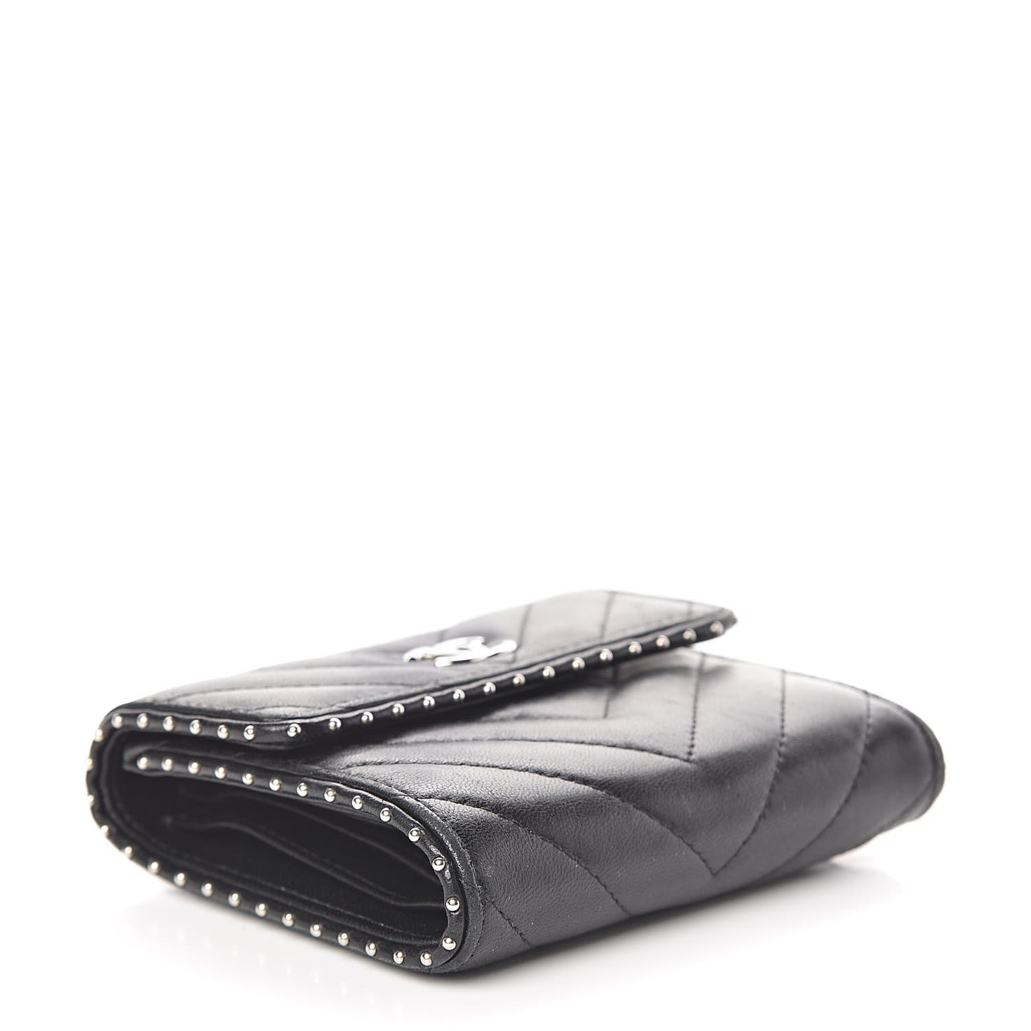 Lambskin Chevron Quilted Studded Compact Flap Wallet Black